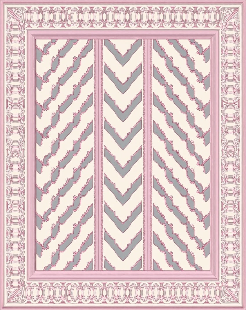 Blush Pink Gray Chevron Medallion Frame Rug