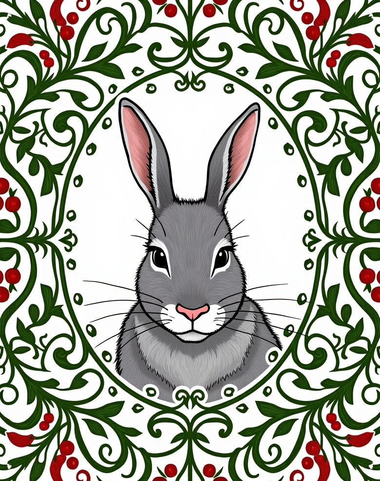 Gray Rabbit With Red Berry Garland Rug