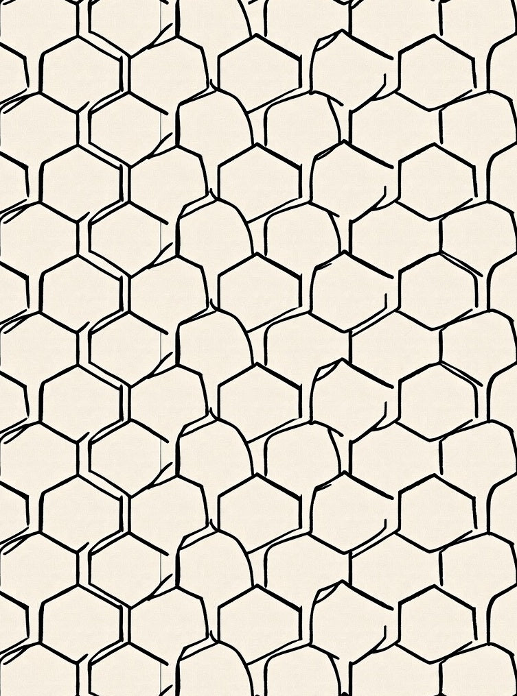 Cream Black Hexagonal Organic Grid Rug