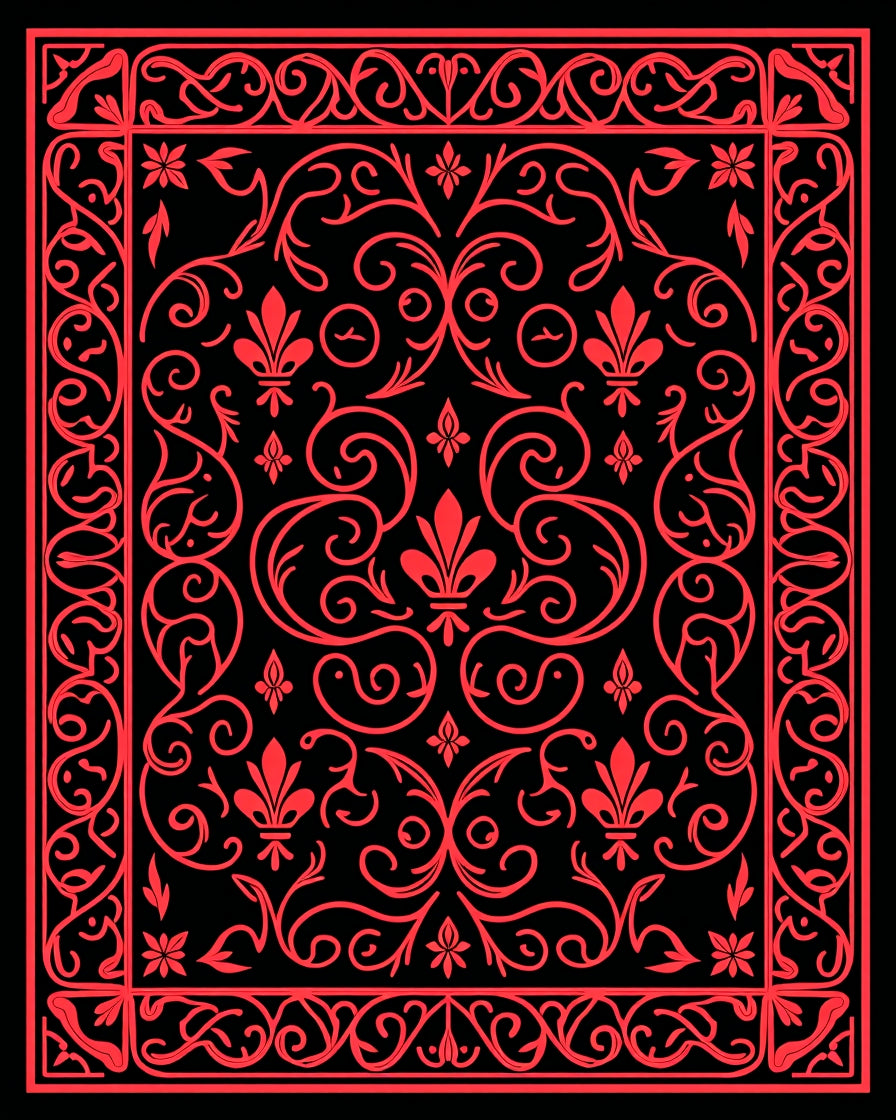Elegant Red Fleur-de-lis Scrollwork Rug
