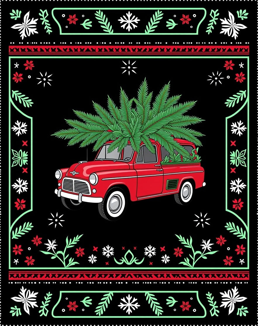Festive Red Truck Floral Border Rug