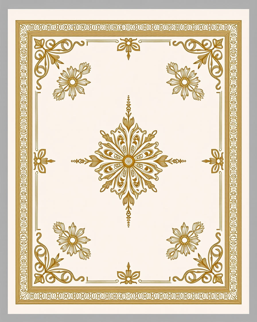 Golden Ornate Floral Medallion Ivory Rug