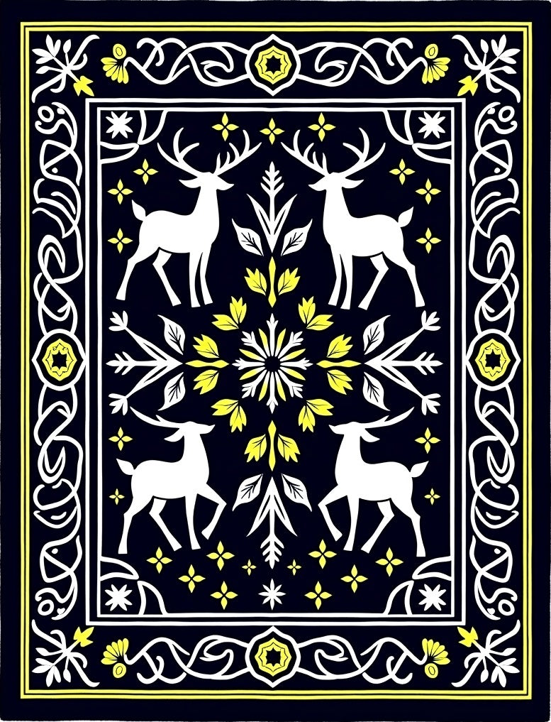 White Deer Yellow Floral Border Rug