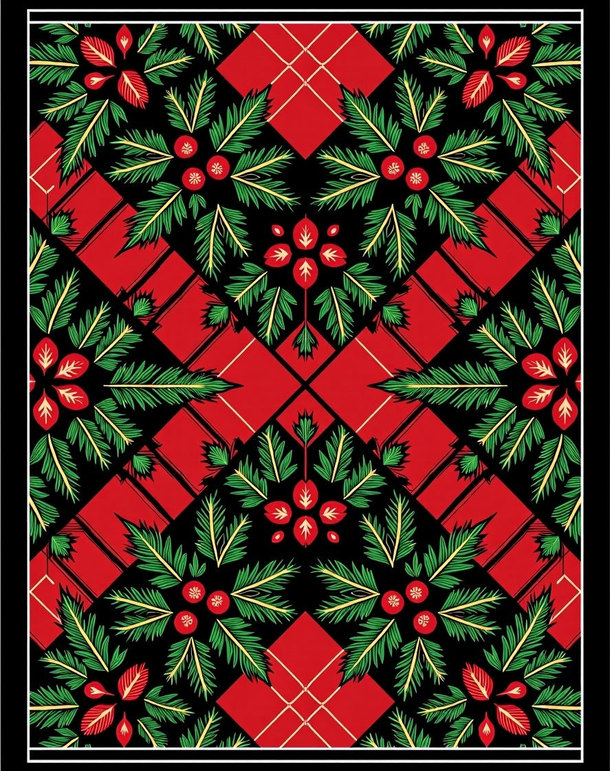 Festive Red Green Holly Floral Square Rug