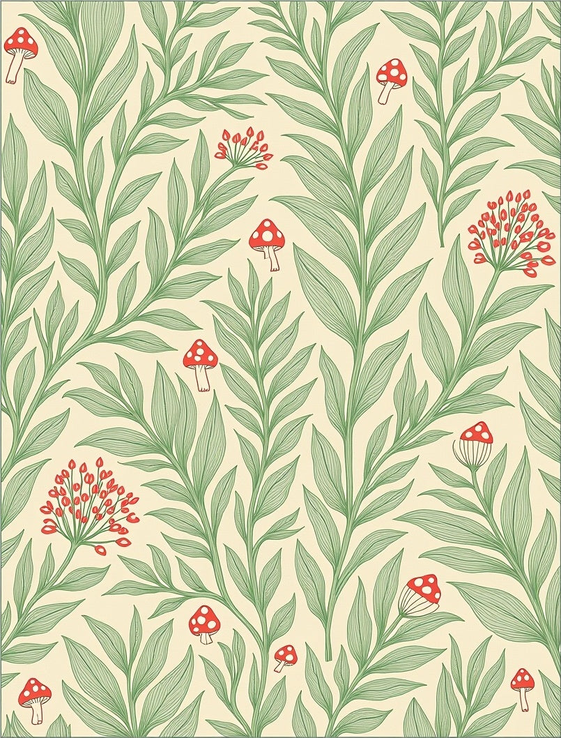 Whimsical Red Mushroom Green Leafy Vines Rug