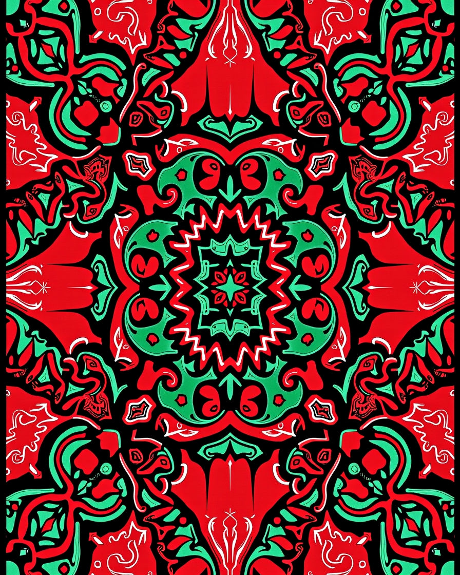 Vibrant Red Green Abstract Symmetry Rug