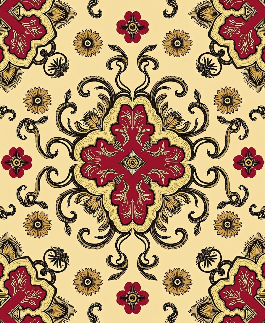 Vintage Red Floral Swirl Medallion Rug