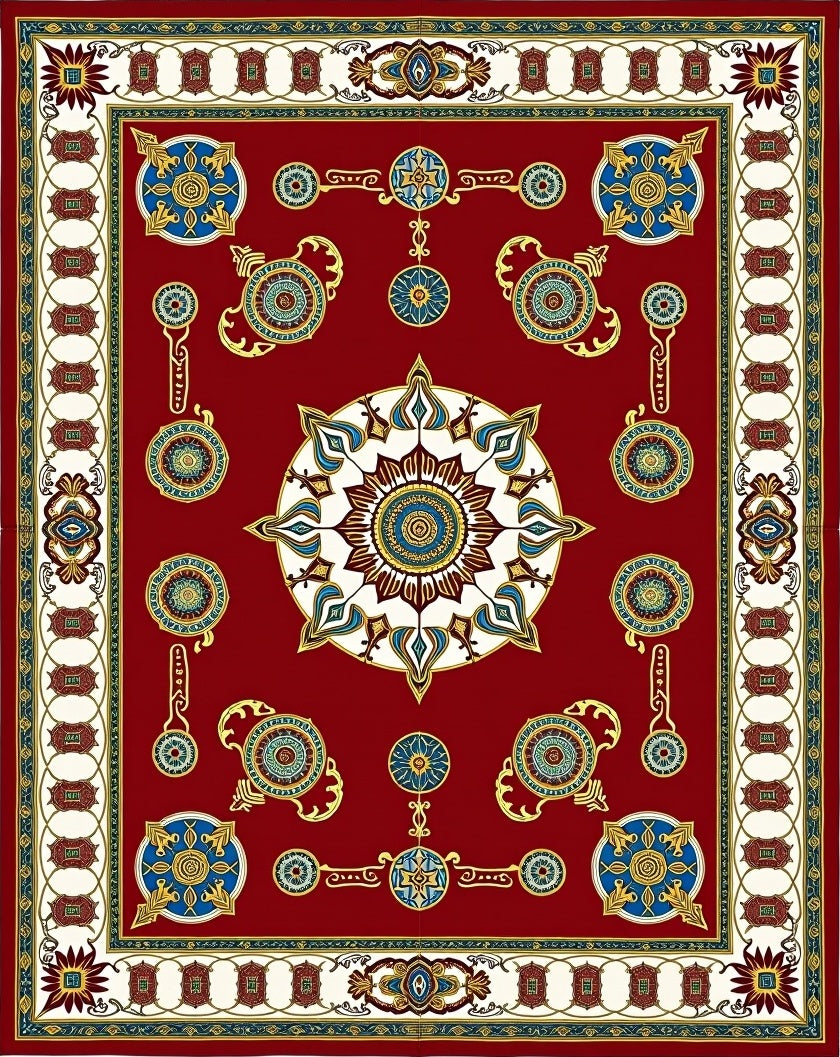 Crimson Red Ornate Medallion Border Rug
