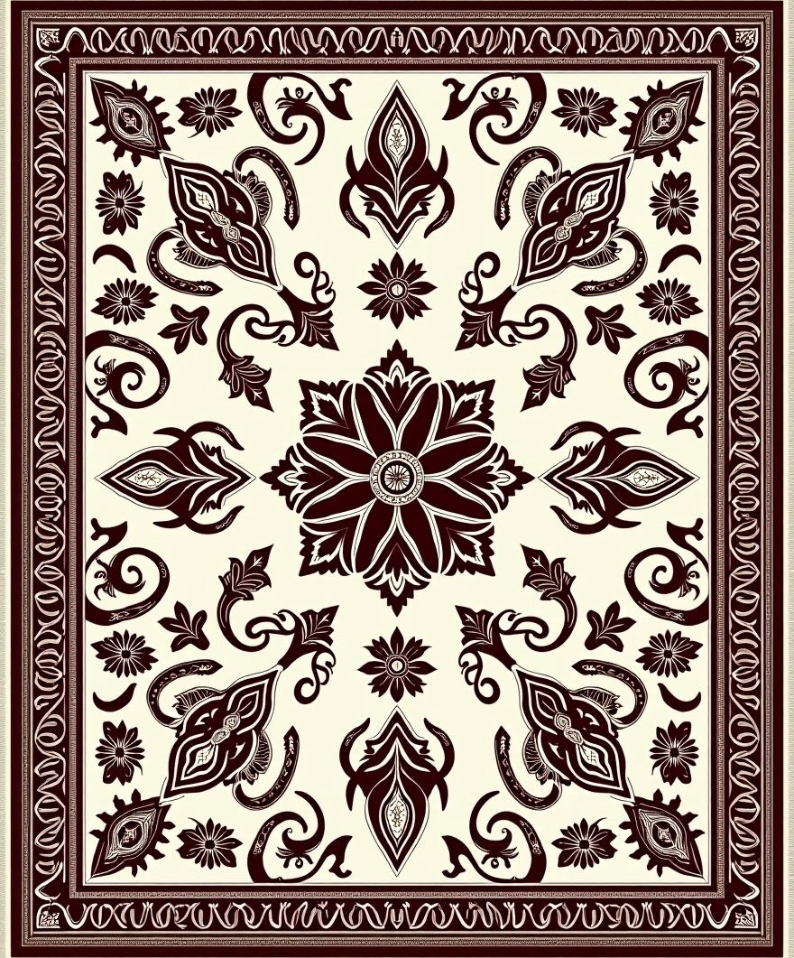 Deep Burgundy Floral Medallion Cream Rug