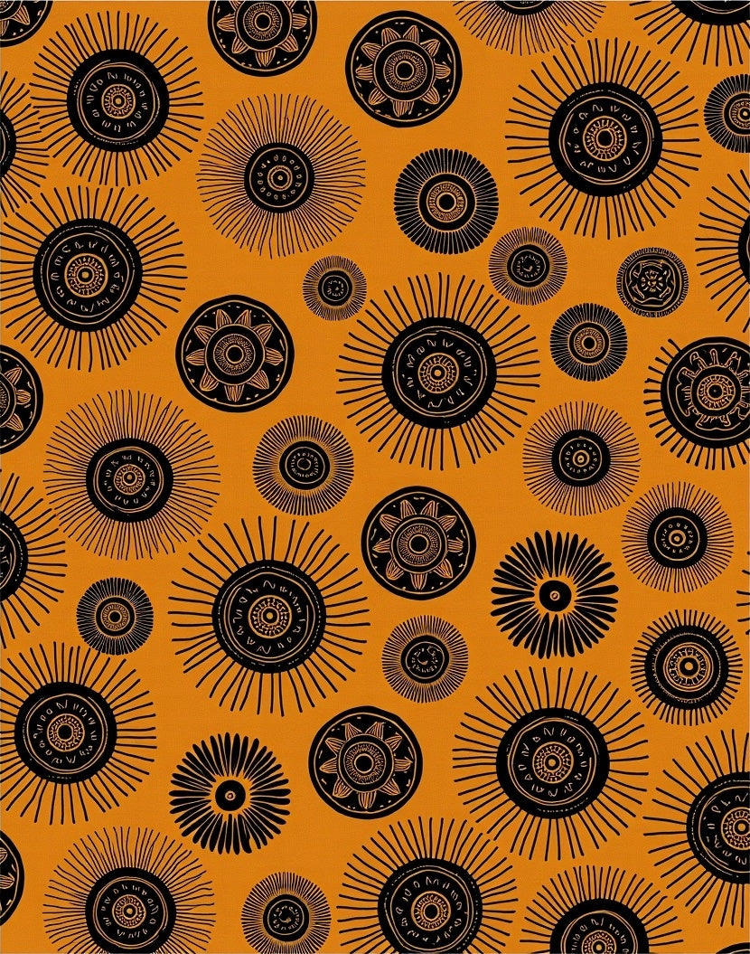 Bold Black Sunbursts Orange Medallion Rug