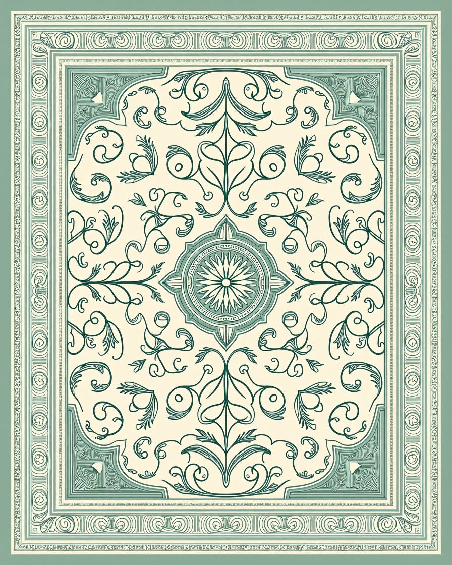 Green Botanical Scroll Border Rug