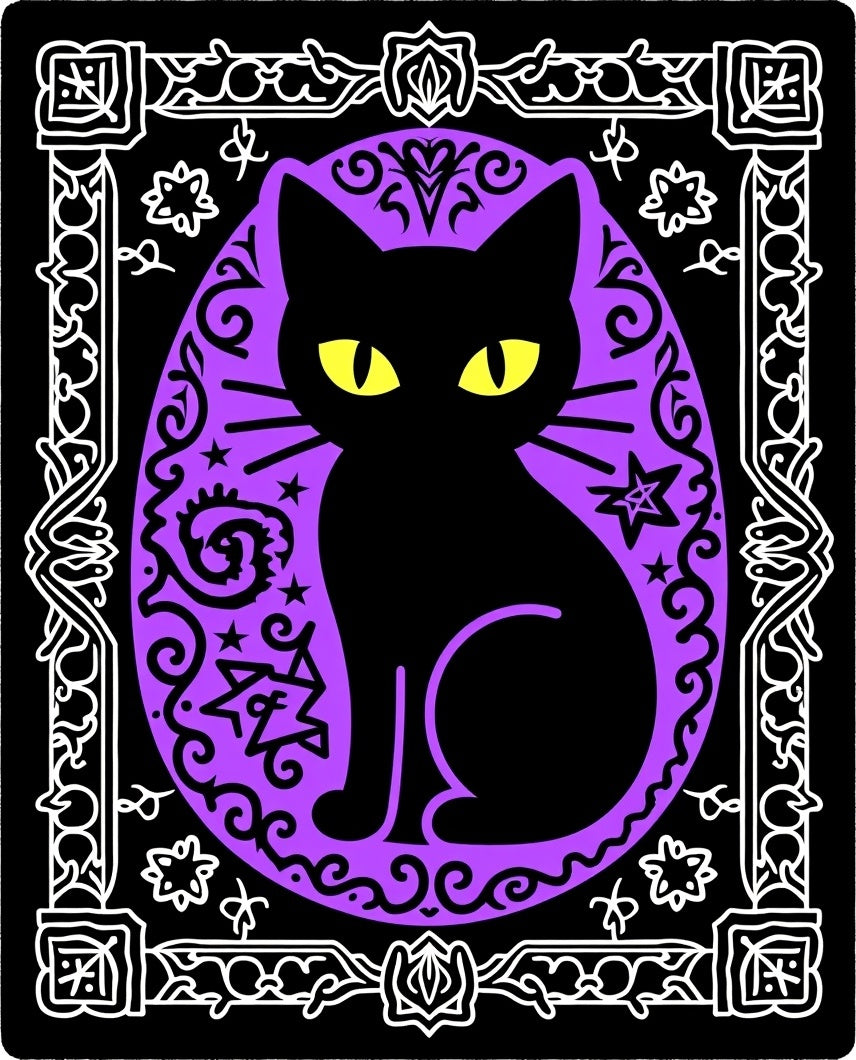 Mystical Black Cat Purple Stars Rug