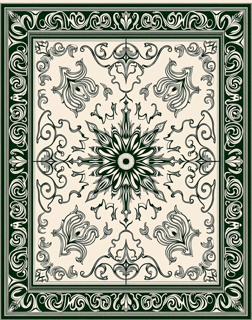 Dark Green Cream Floral Scrollwork Medallion Rug