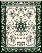 Dark Green Cream Floral Scrollwork Medallion Rug