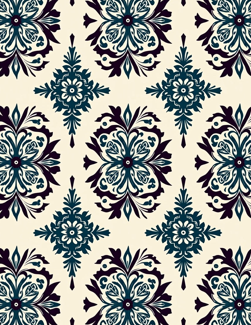 Deep Teal Floral Damask Cream Background Rug