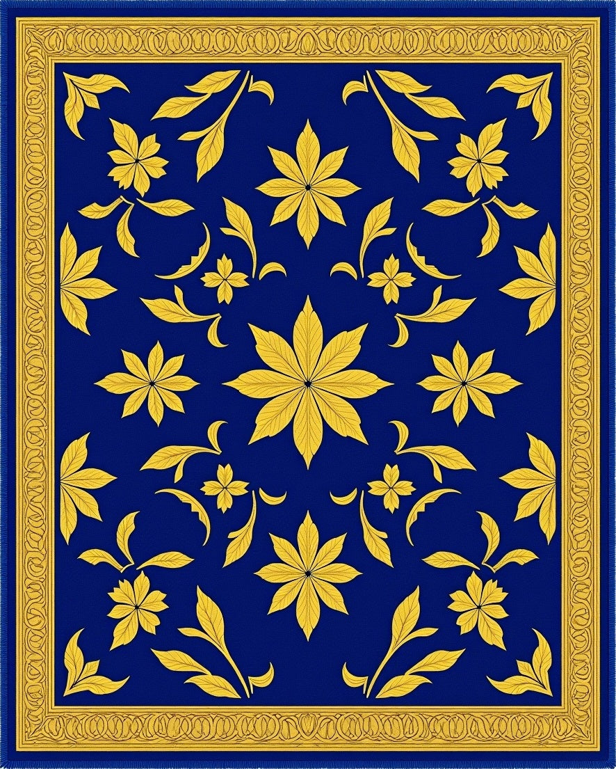 Regal Blue Gold Floral Leaf Border Rug