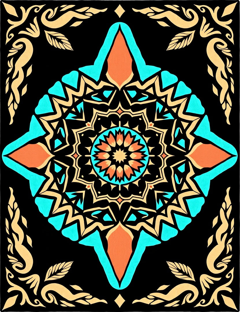 Geometric Teal Orange Starburst Medallion Rug