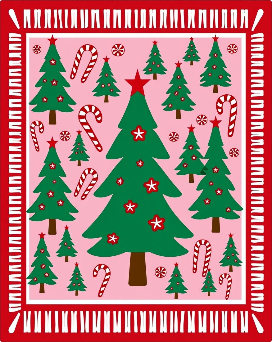 Pink Christmas Trees Candy Canes Border Rug