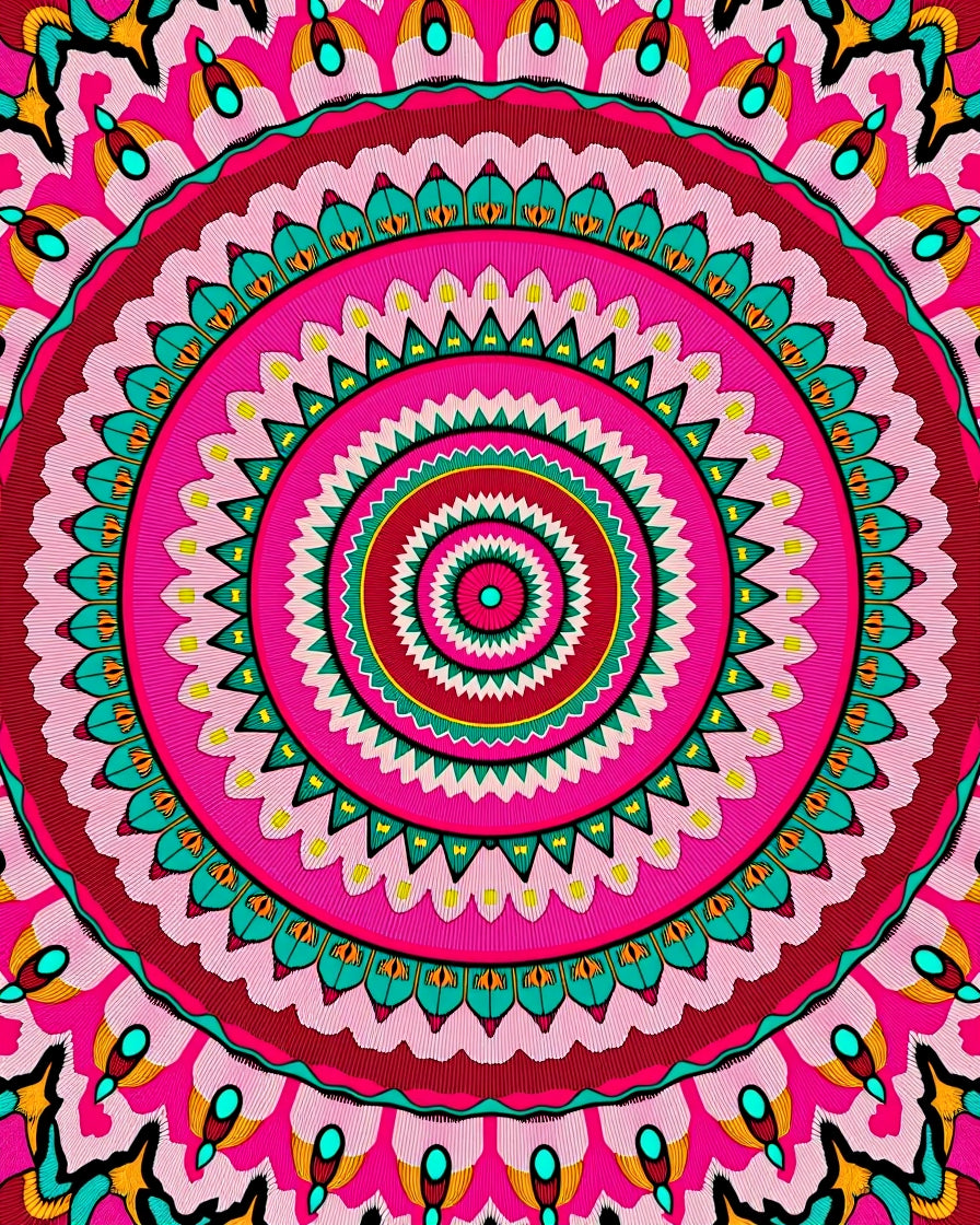 Vibrant Pink Teal Concentric Mandala Rug