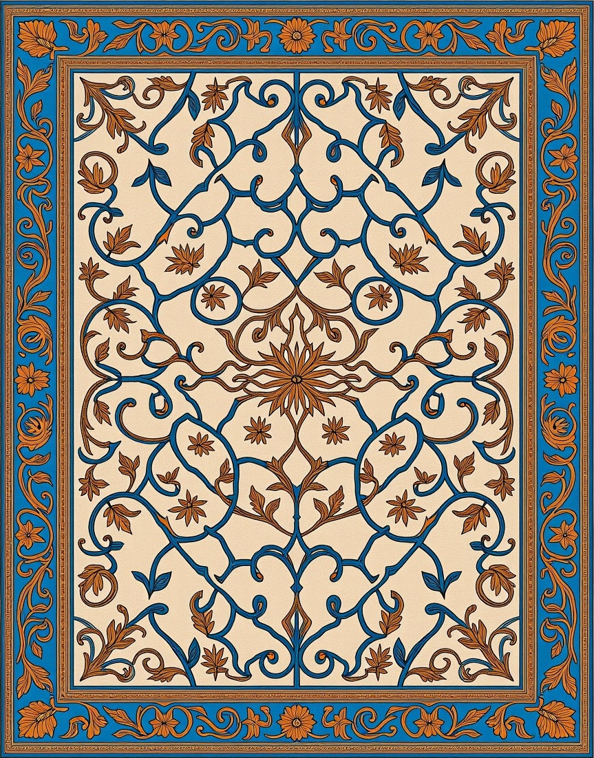 Deep Blue Brown Floral Scroll Medallion Rug