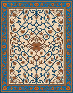 Deep Blue Brown Floral Scroll Medallion Rug