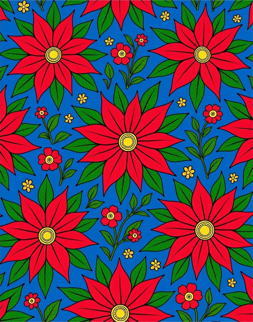Bold Red Poinsettia Garden Scene Rug