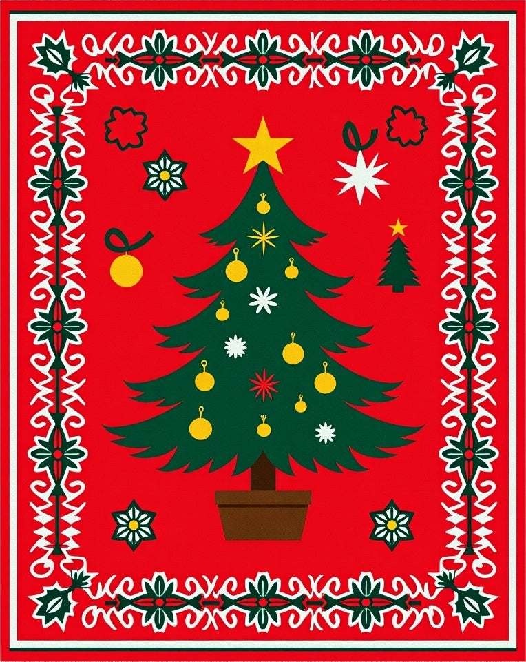 Whimsical Christmas Tree Starburst Border Rug