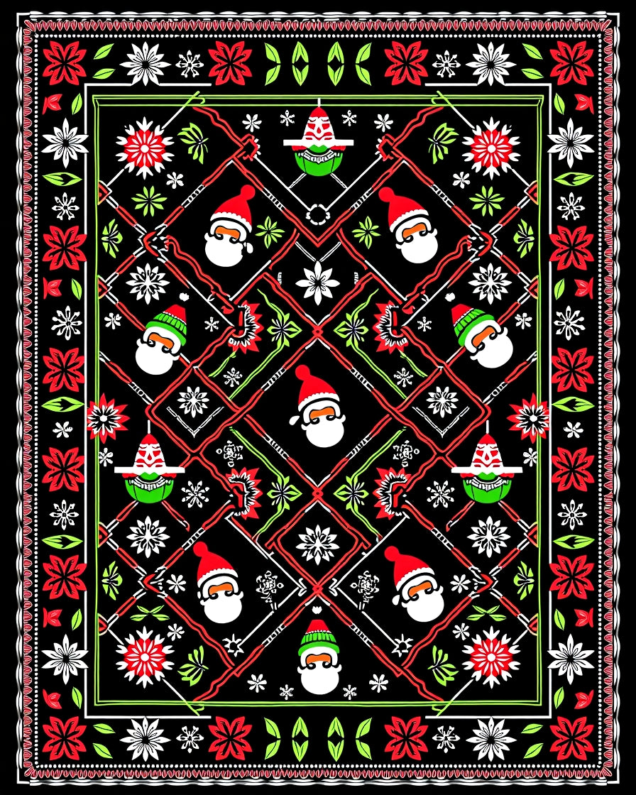 Merry Santa Christmas Floral Border Rug