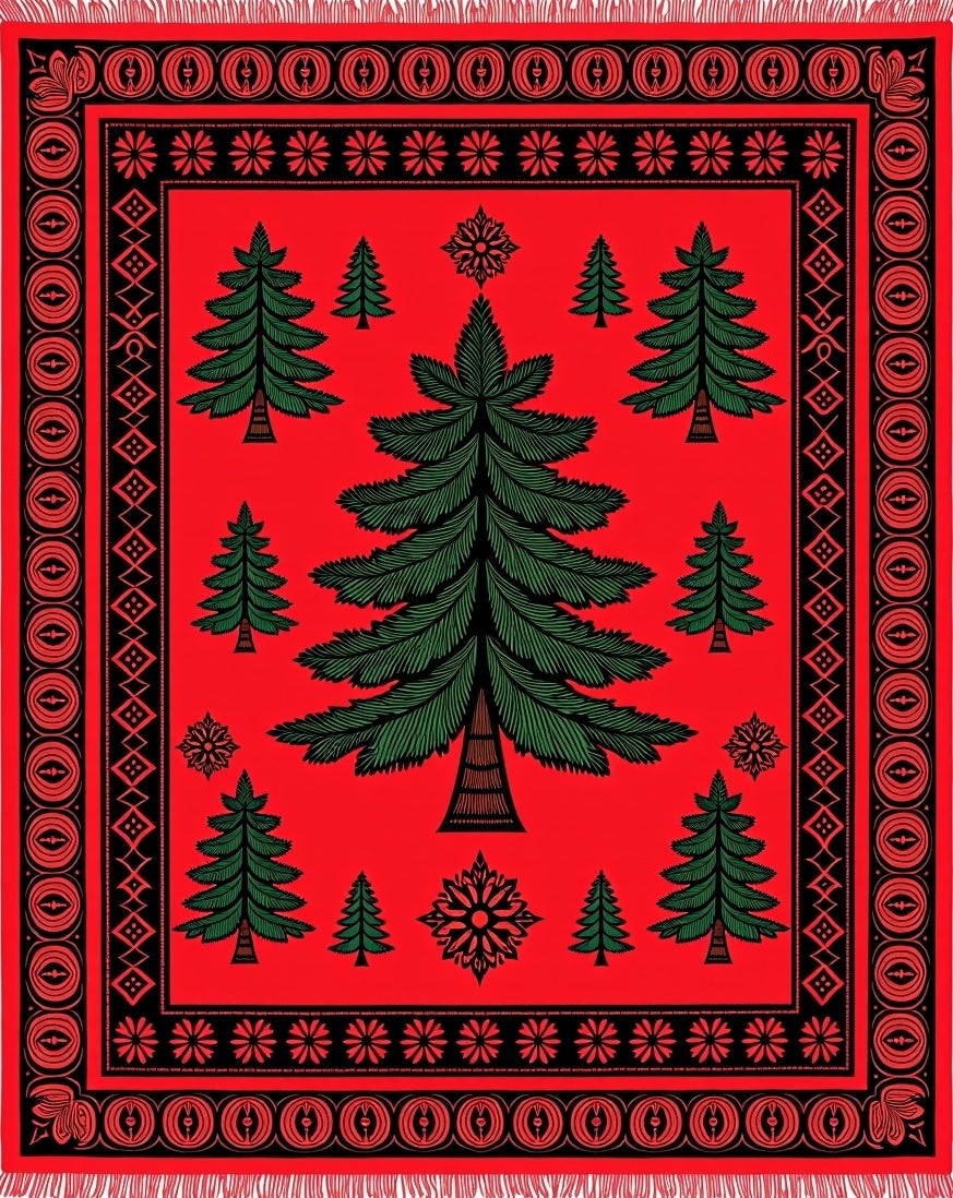 Crimson Red Evergreen Forest Trees Rug