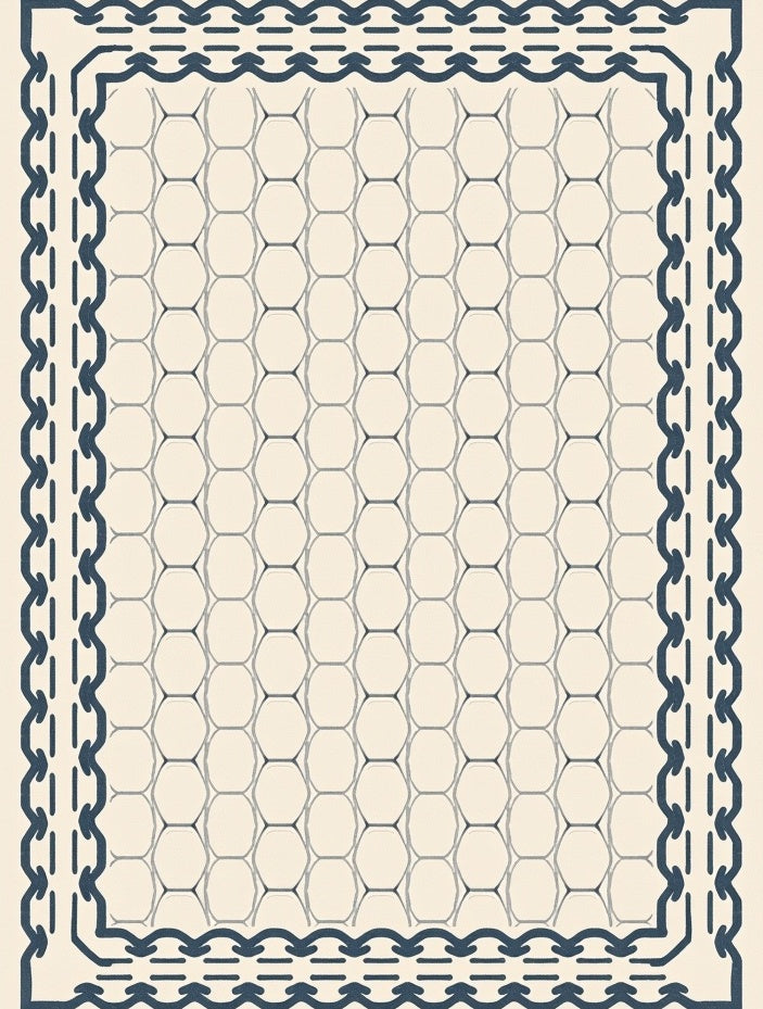 Cream Navy Chain Hexagon Border Rug