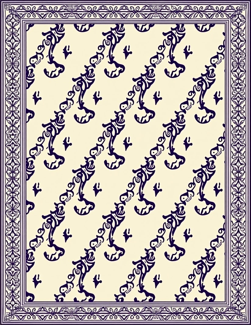 Cream Bordered Navy Swirls Rug