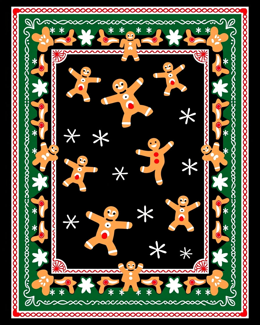 Whimsical Gingerbread Men Snowflakes Border Rug