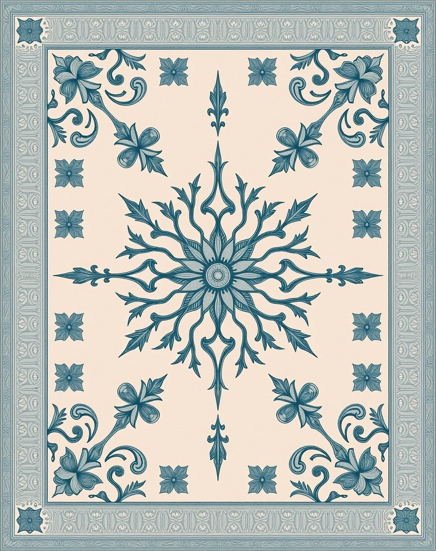 Pale Blue Floral Sunburst Medallion Border Rug