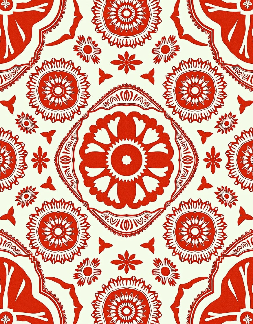 Vibrant Crimson Floral Mandala Rug