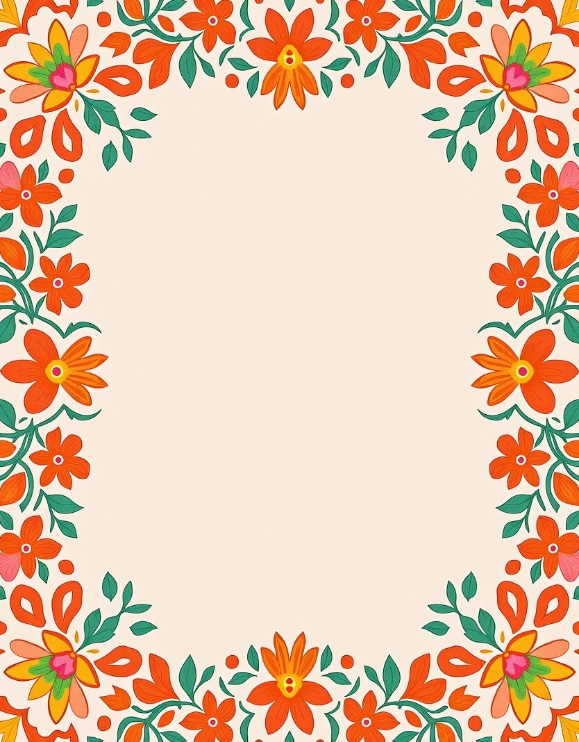 Vibrant Orange Red Floral Border Rug