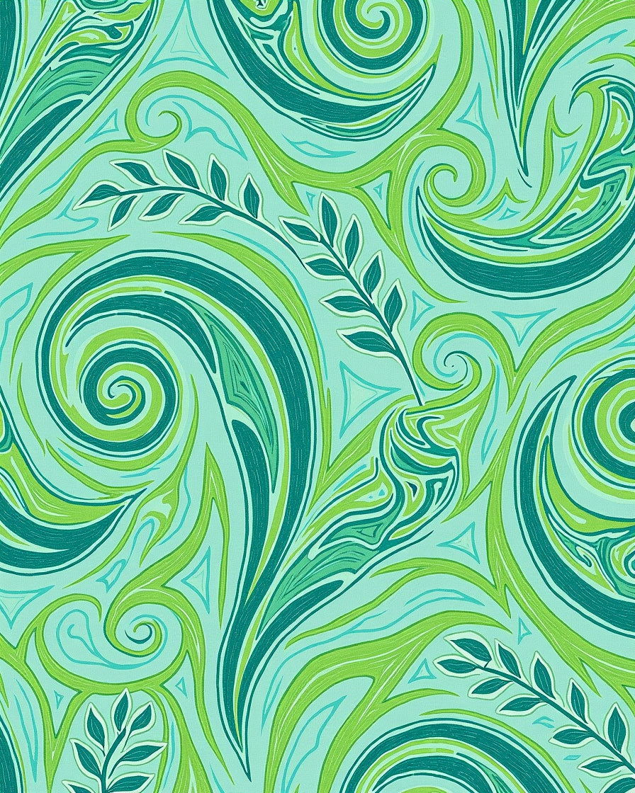 Aqua Emerald Swirl Leaf Art Rug