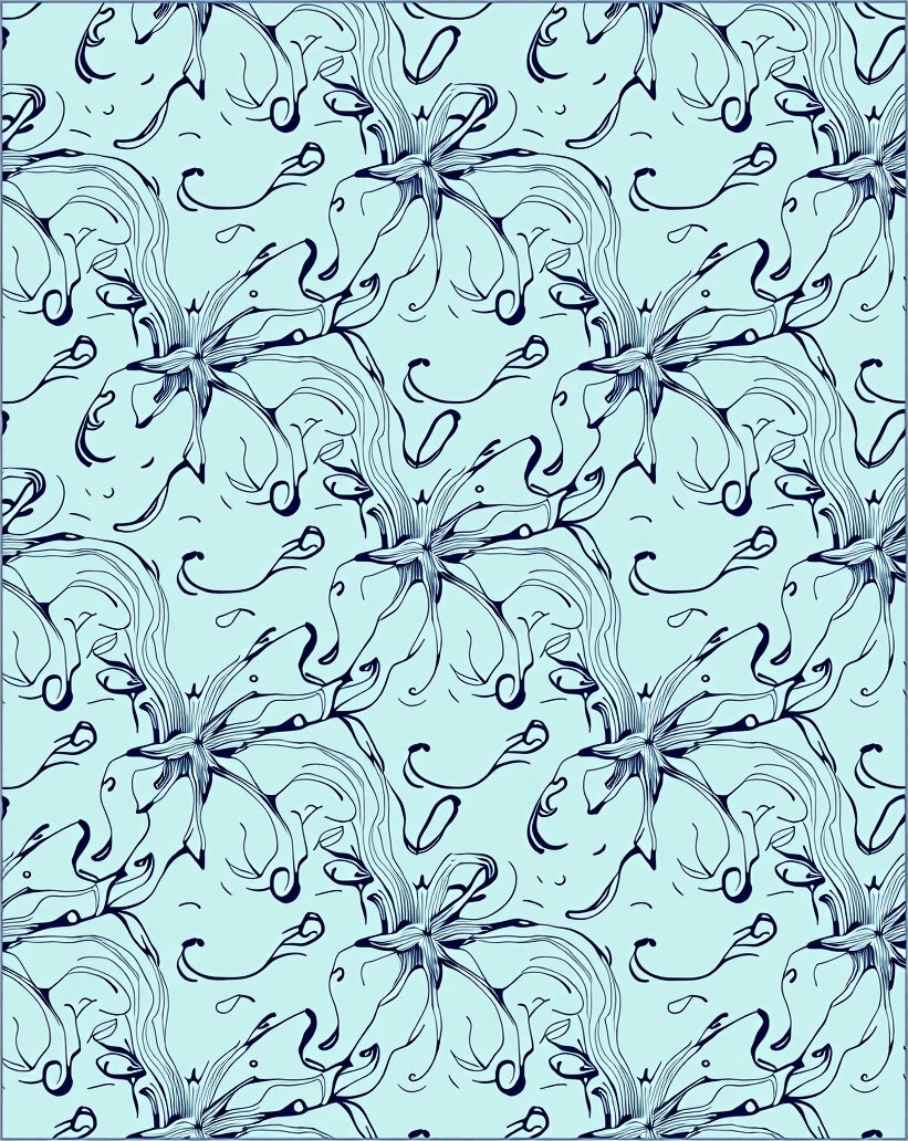 Pale Blue Dark Line Floral Swirl Rug
