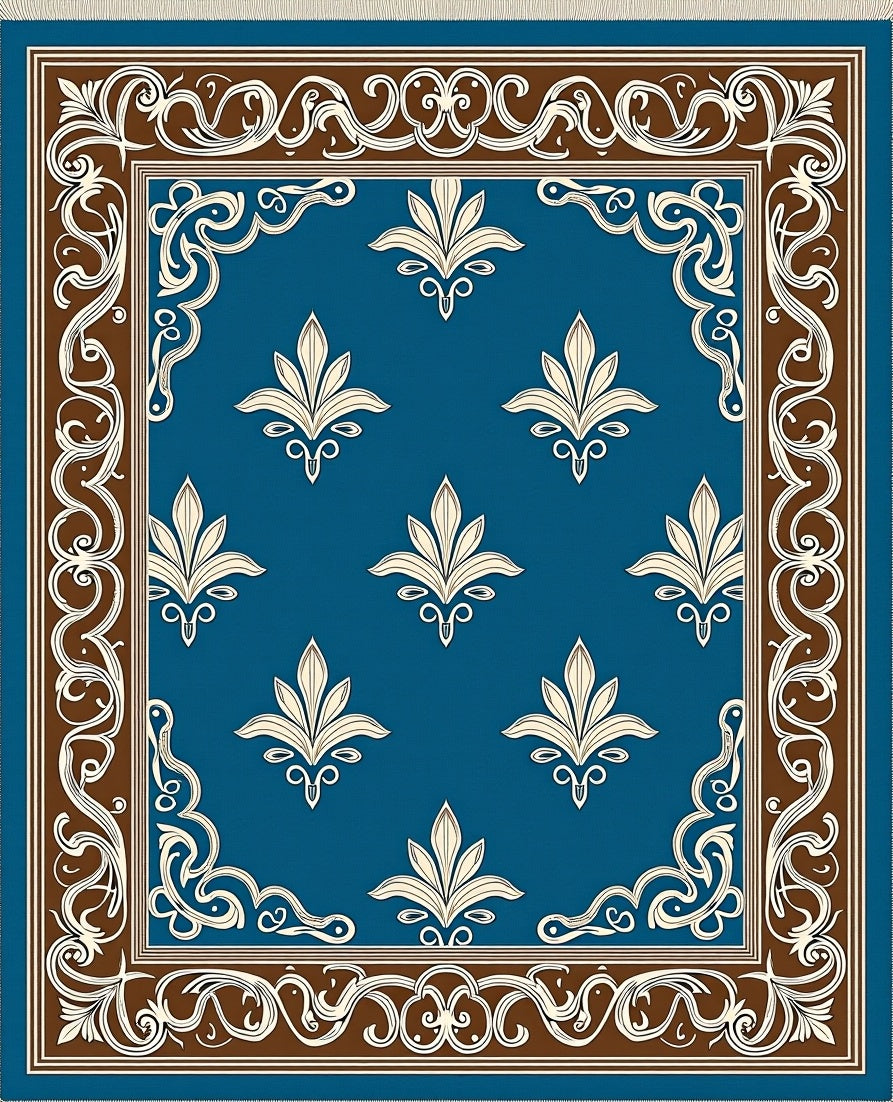 Ornate Cream Floral Blue Border Rug