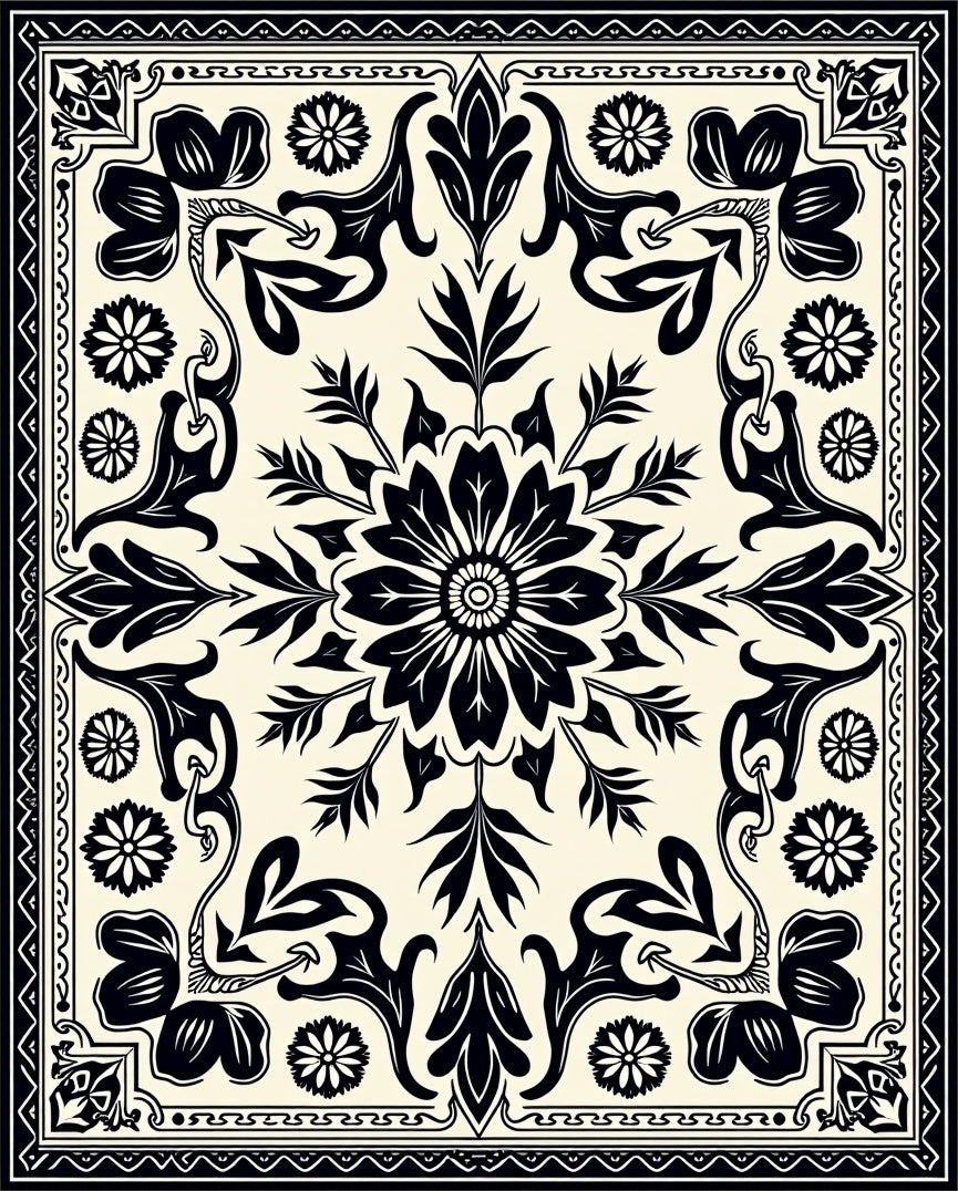 Black Ivory Floral Scroll Medallion Rug