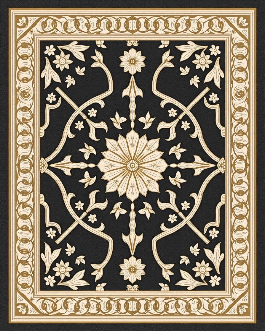 Ornate Black Gold Floral Medallion Border Rug