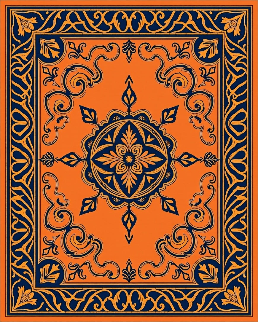 Vibrant Orange Navy Floral Medallion Rug