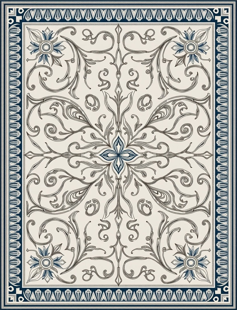 Cream and Navy Floral Scroll Medallion Rug