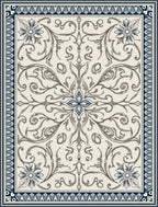Cream and Navy Floral Scroll Medallion Rug