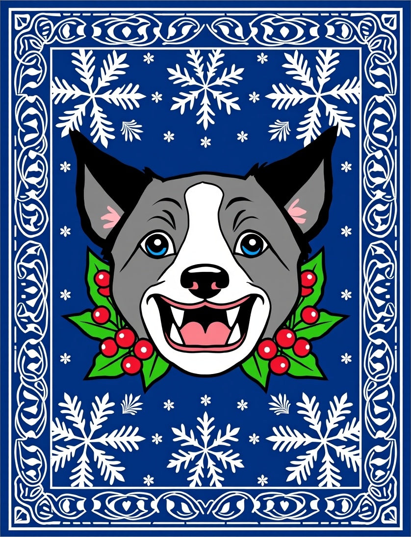 Blue Snowflake Dog Holly Border Rug