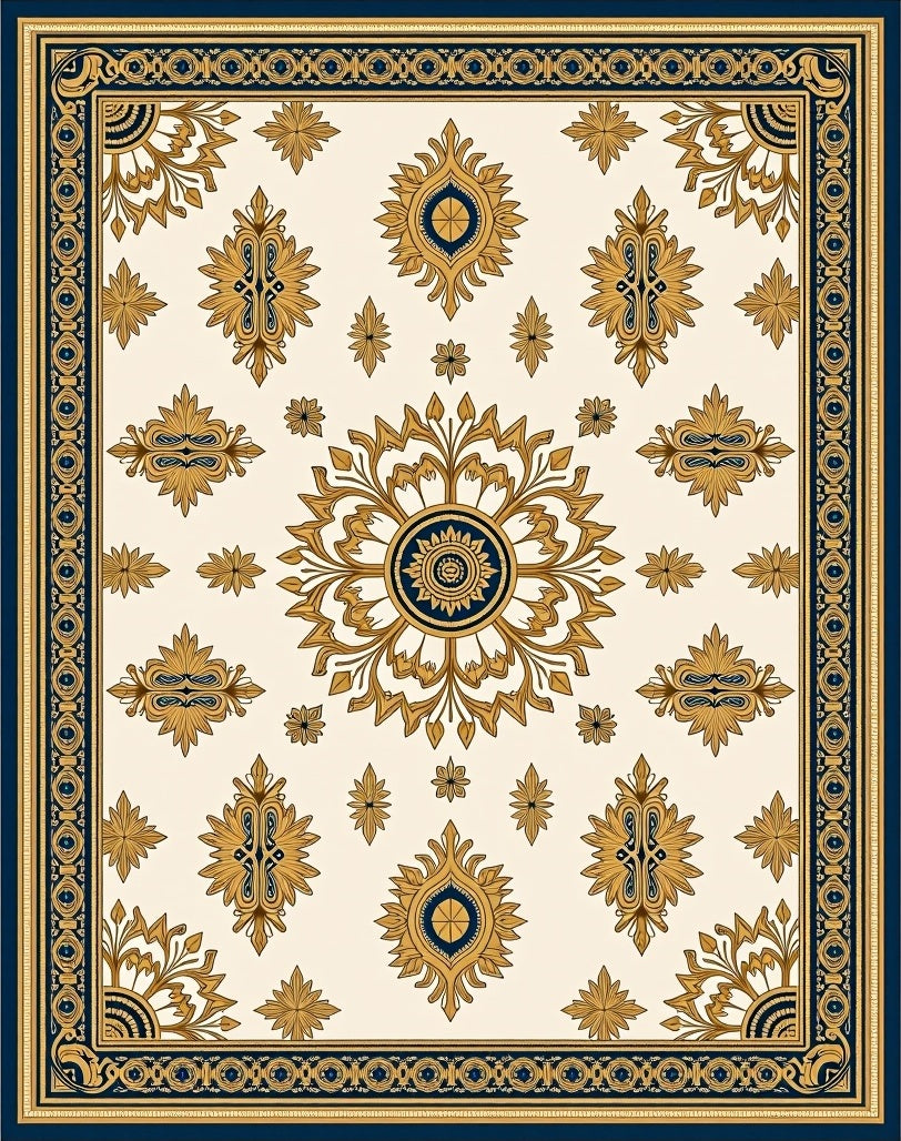 Ornate Floral Medallion Cream Navy Rug