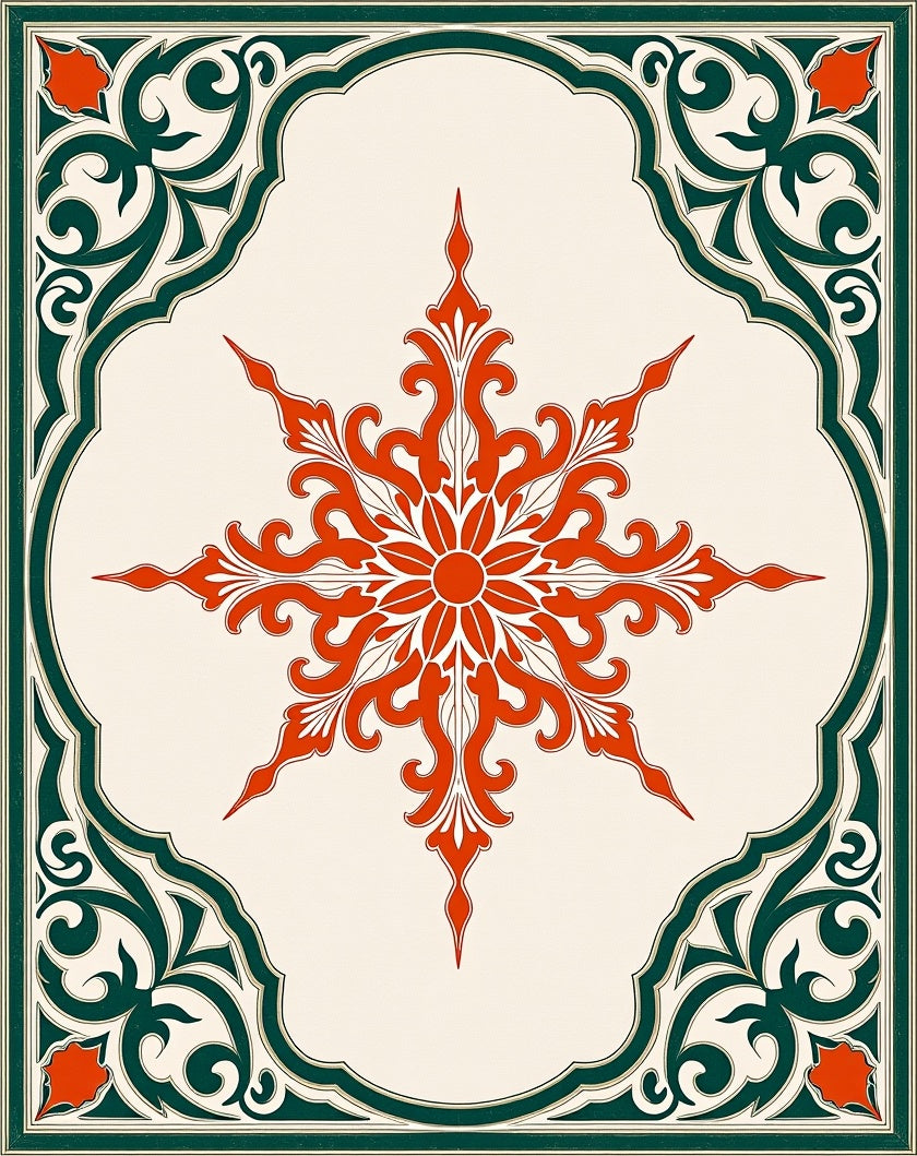 Crimson Starburst Floral Frame Rug