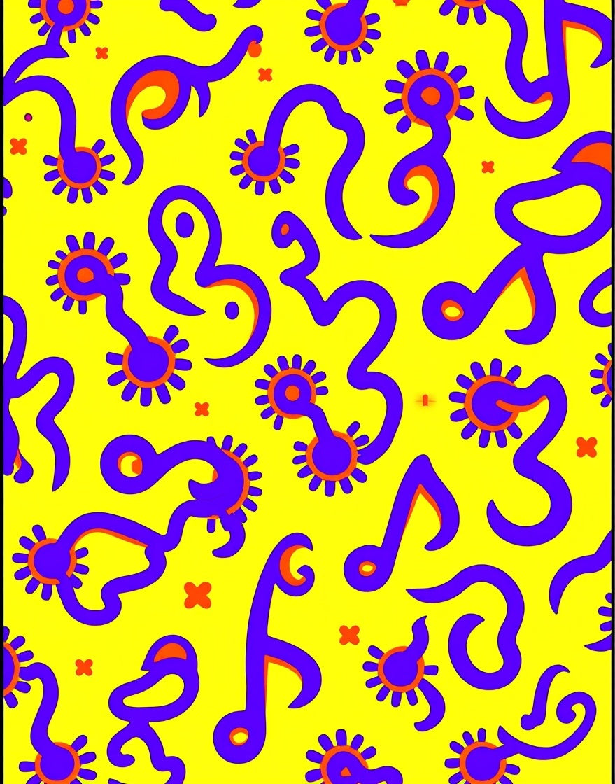 Vibrant Yellow Purple Abstract Creatures Rug