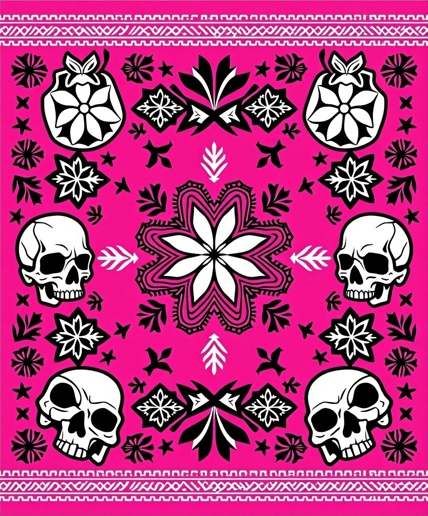 Fuchsia Skulls Floral Mandala Border Rug