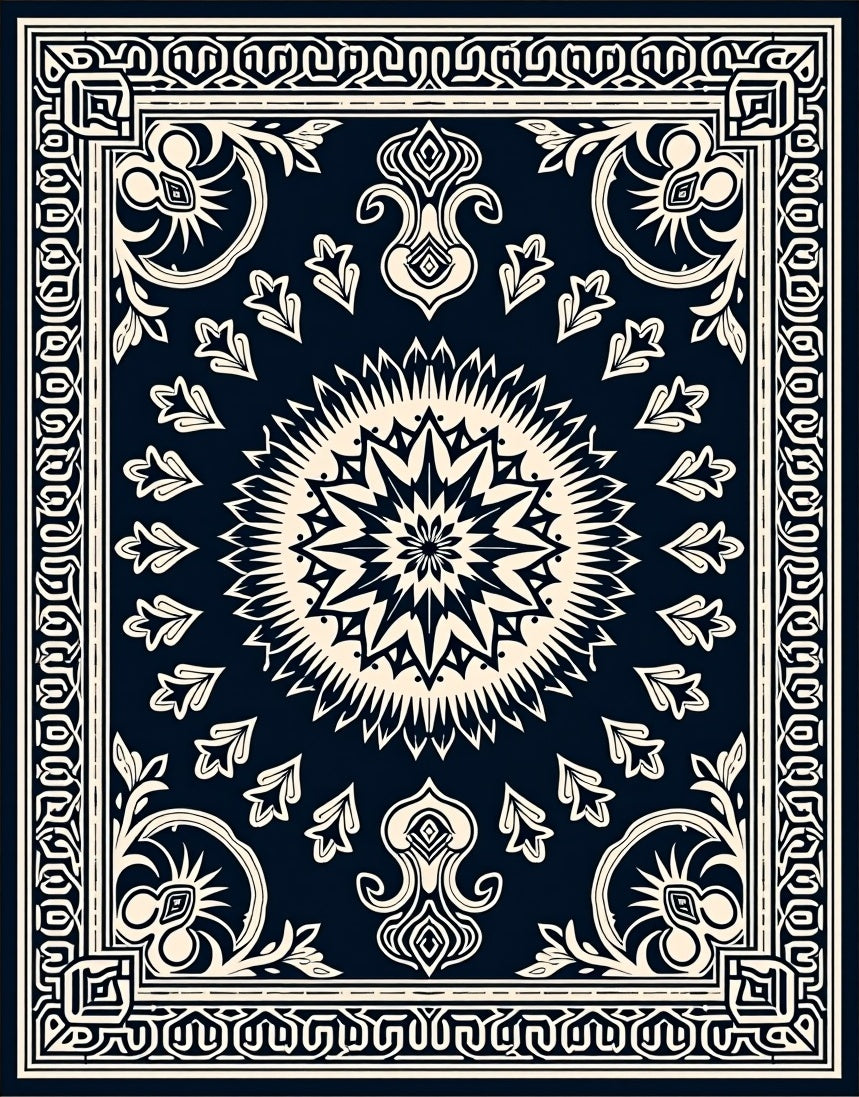 Dark Navy Cream Geometric Floral Medallion Rug