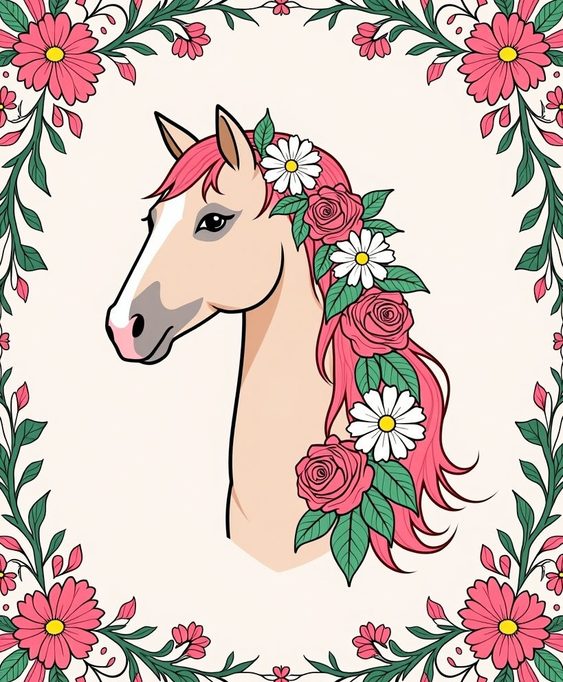 Pink Floral Horse Meadow Portrait Rug